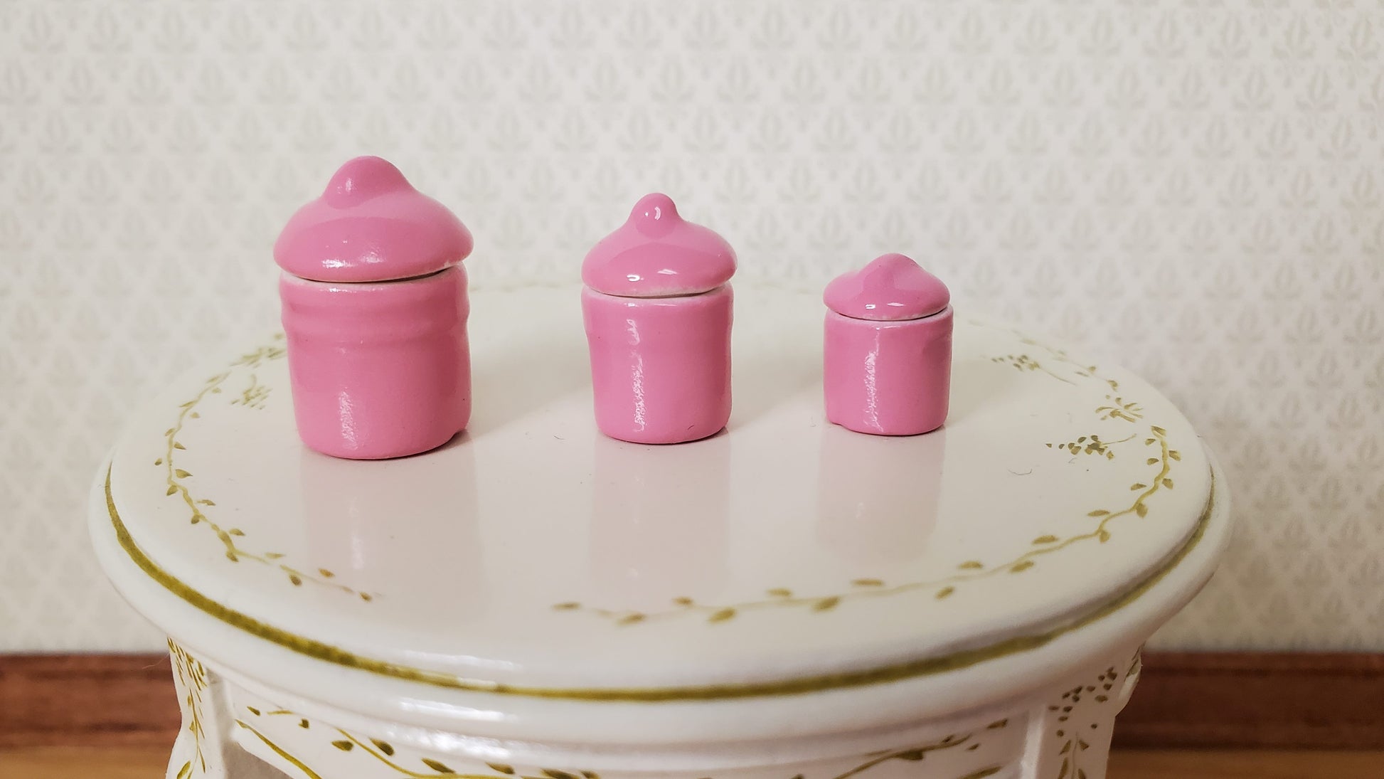 Dollhouse Pink Canister Set with Removable 1:12 Scale Kitchen Miniatures
