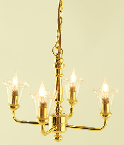 Dollhouse 4 Arm Chandelier Light Clear Tulip Shades 12 Volt with Plug 1:12 Scale