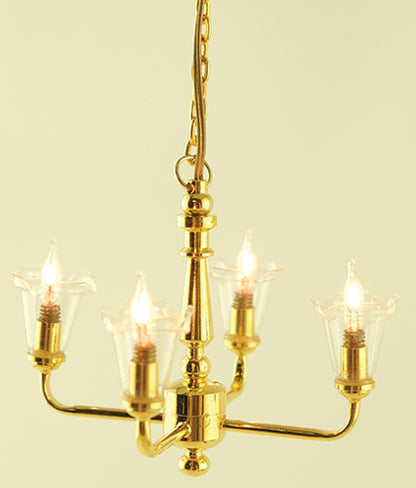 Dollhouse 4 Arm Chandelier Light Clear Tulip Shades 12 Volt with Plug 1:12 Scale