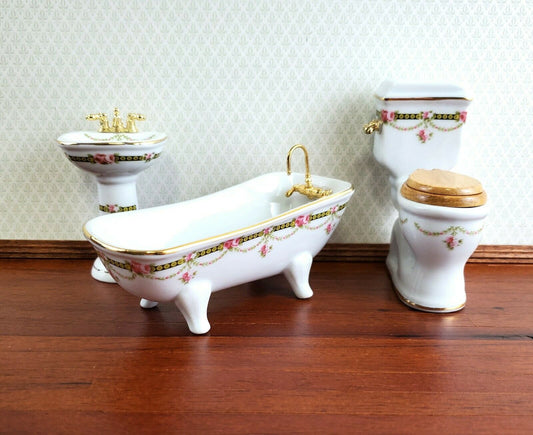 Reutter Porcelain Dollhouse Bathroom Set Victorian Rose 1:12 Scale Tub Sink ++
