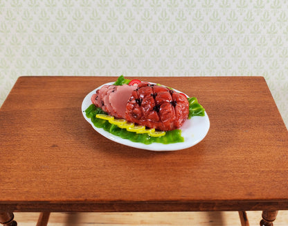 Dollhouse Sliced Ham with Garnishes on an Oval Platter 1:12 Scale Miniature Food