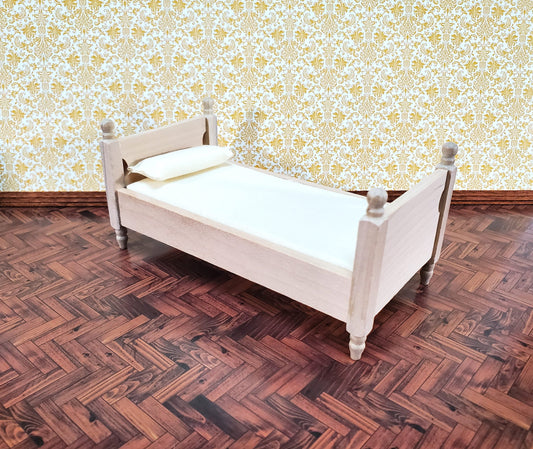 Dollhouse Bed Twin Size with Mattress Unpainted Wood 1:12 Scale Miniature Bedroom Furniture
