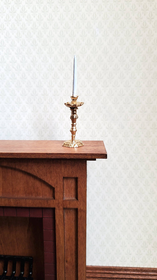 Dollhouse Miniature Tall Gold Candlestick Holder with White Candle 1:12 Scale Metal
