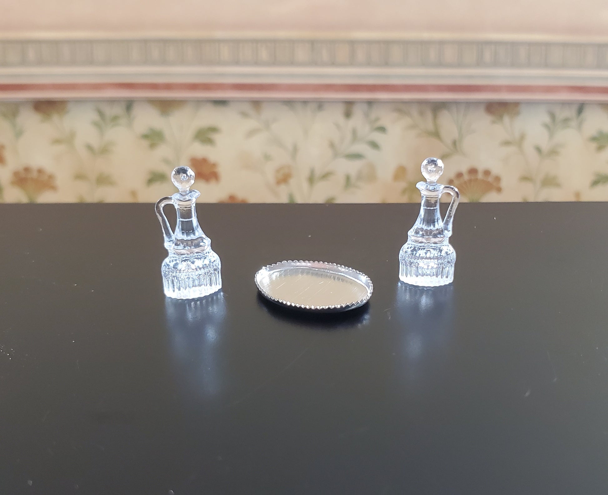Dollhouse Oil & Vinegar Cruet Set on Silver Tray Chrysnbon 1:12 Scale Miniature
