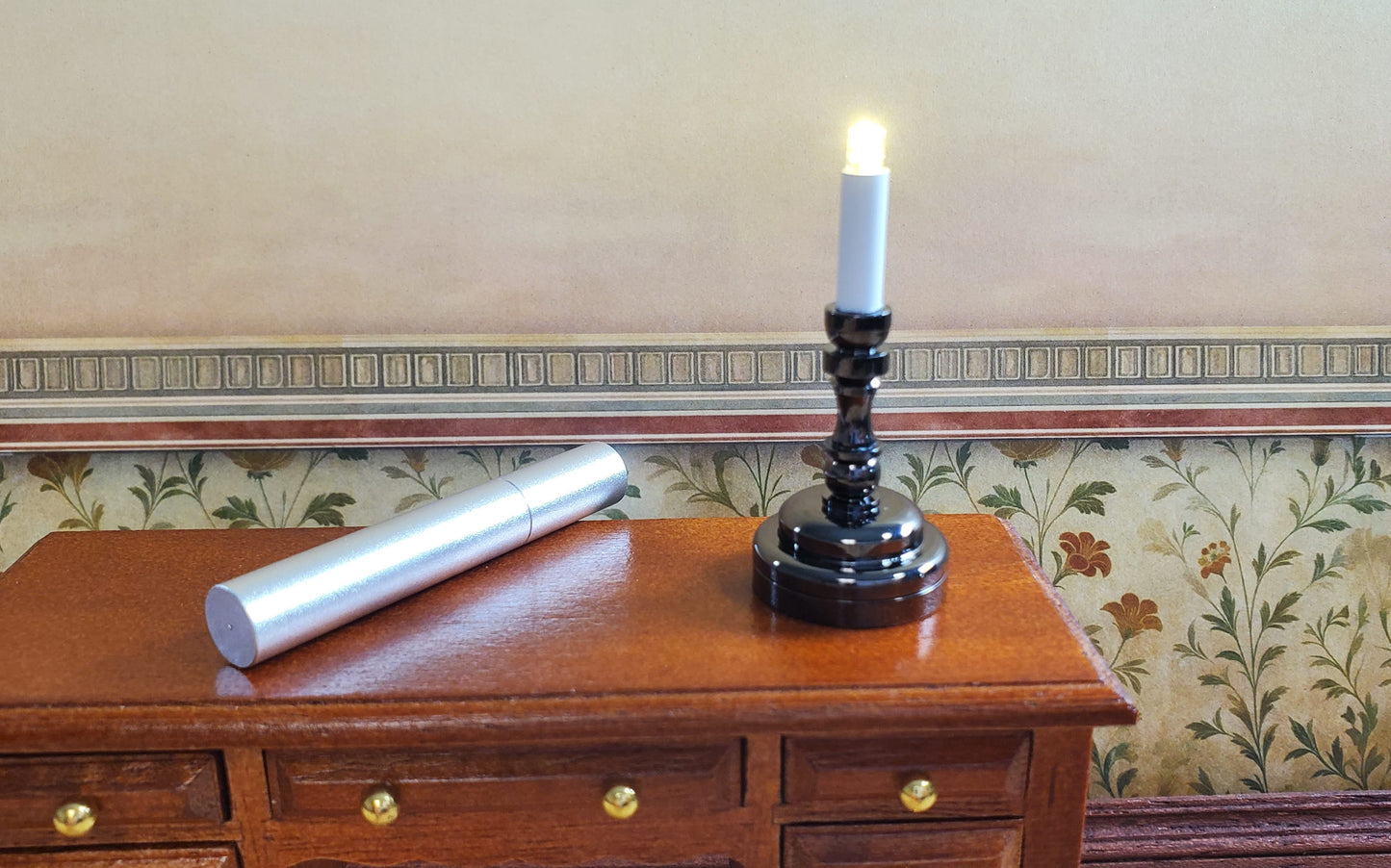 Dollhouse Battery Light with Wand Candlestick Large Black 1:12 or 1/6 Scale Lamp