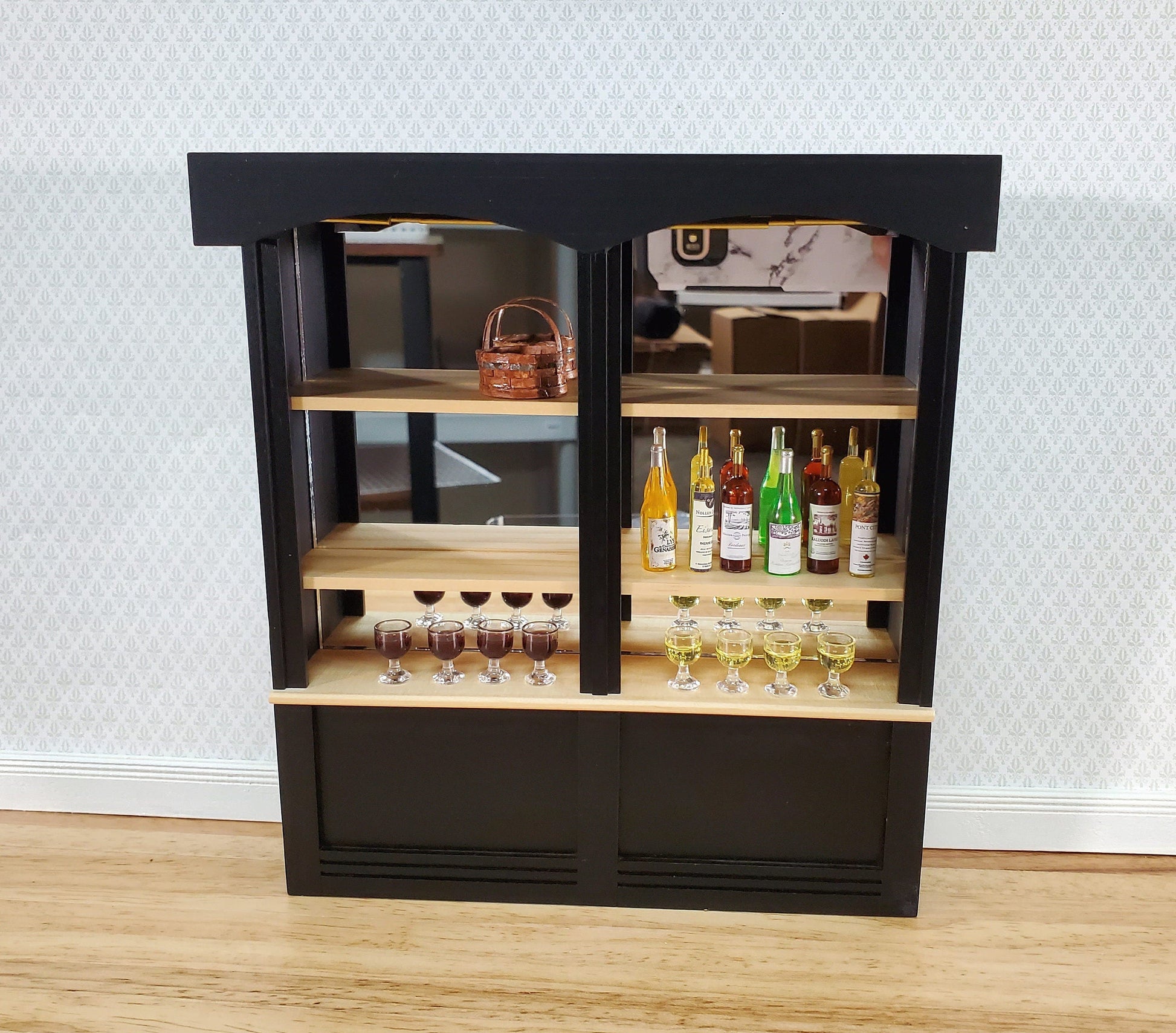 Dollhouse Bar or Shop Shelves Mirrored Back Black & Oak 1:12 Scale Miniature