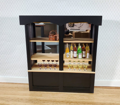 Dollhouse Bar or Shop Shelves Mirrored Back Black & Oak 1:12 Scale Miniature