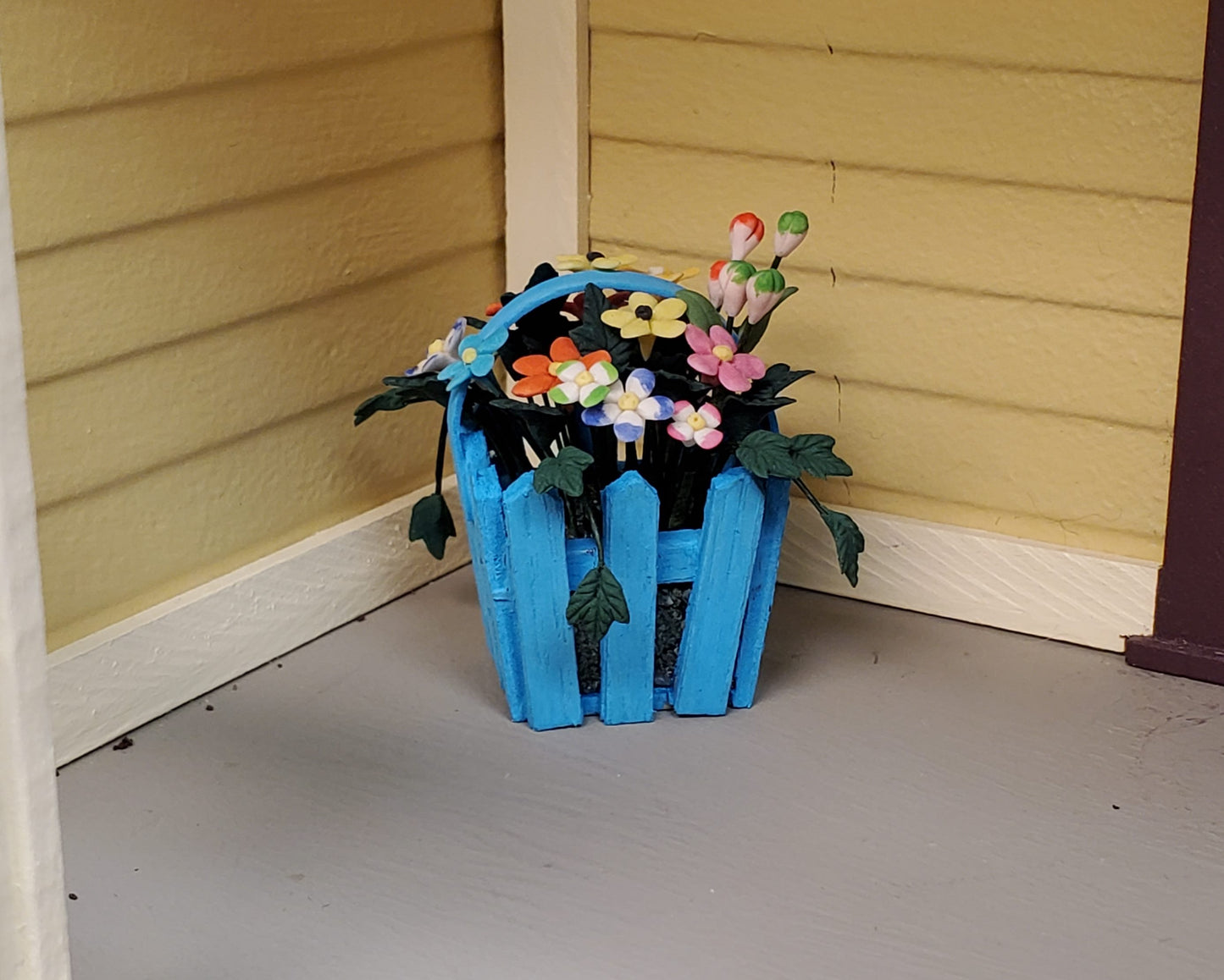Dollhouse Spring Florals in Blue Picket Planter 1:12 Scale Miniature