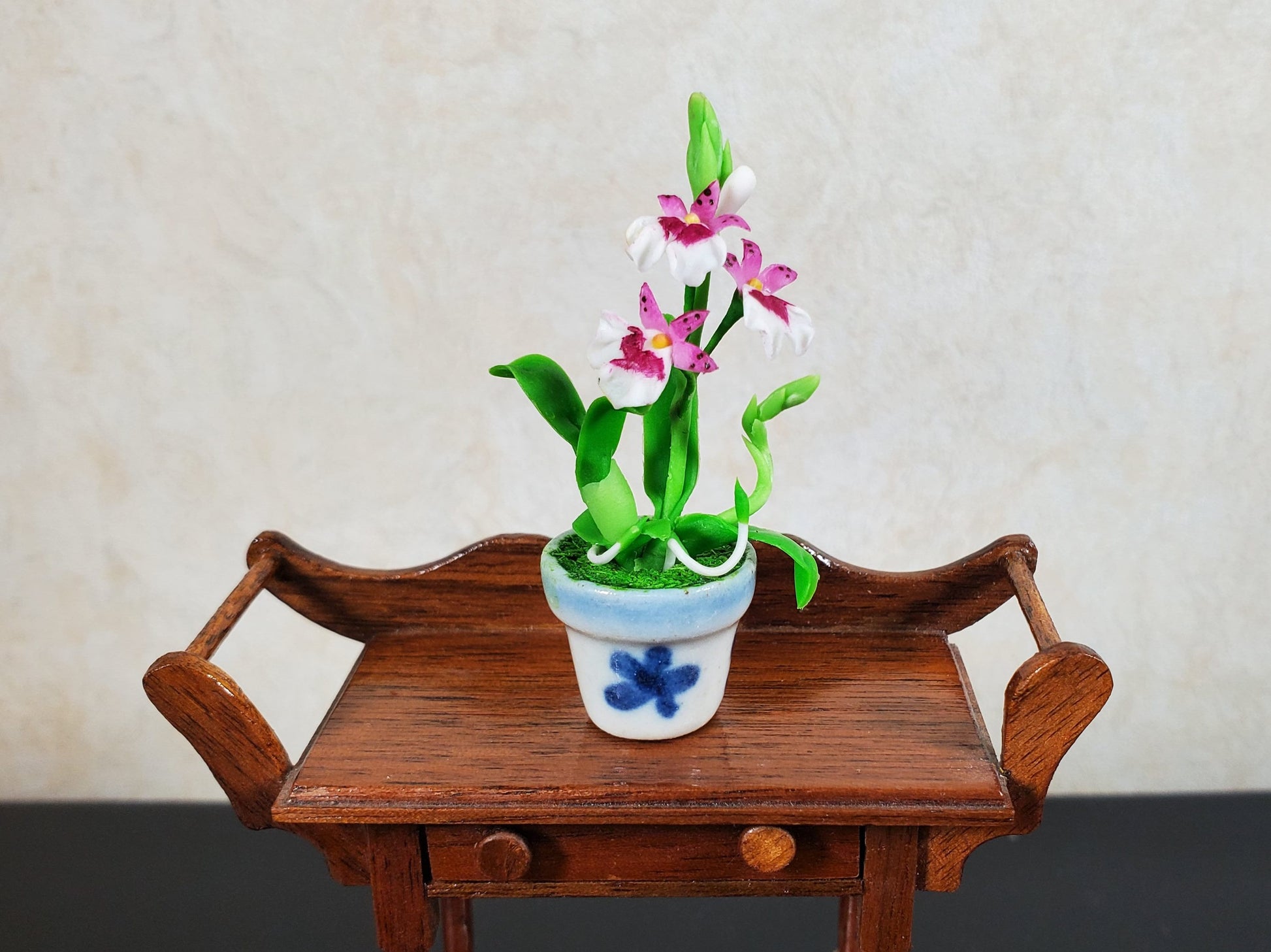 Dollhouse Orchid Pink White Flowering Plant in Ceramic Pot 1:12 Scale Miniature