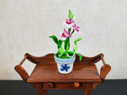 Dollhouse Orchid Pink White Flowering Plant in Ceramic Pot 1:12 Scale Miniature