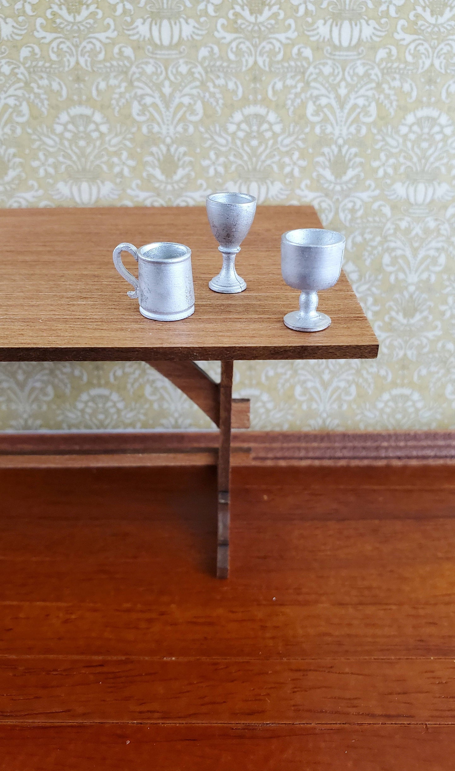 Dollhouse Miniature Goblet & Mug Set x3 1:12 Scale Cast White Metal