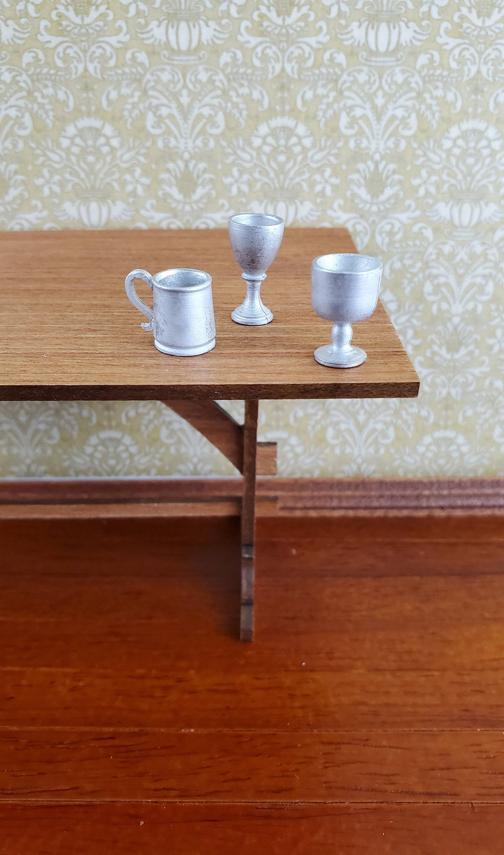 Dollhouse Miniature Goblet & Mug Set x3 1:12 Scale Cast White Metal