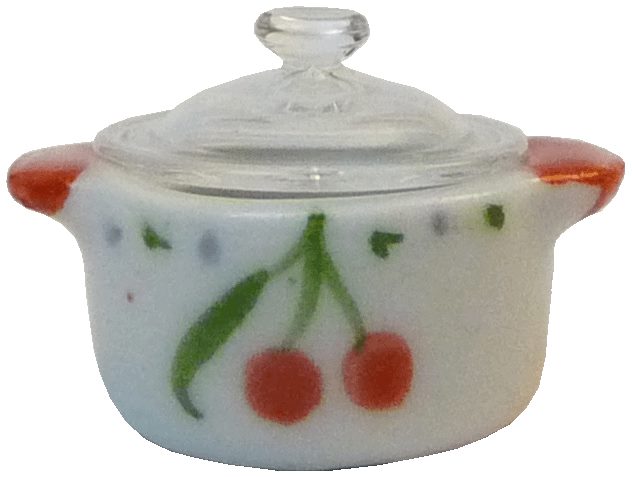 Dollhouse Stock Soup or Bean Pot with Lid Cherry Design 1:12 Scale Miniature