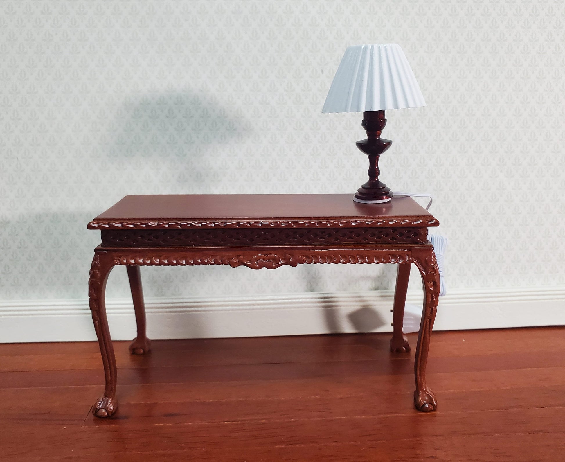 Dollhouse Miniature Table Lamp White Shade Bronze Base 1:12 Scale 12 volt with Plug