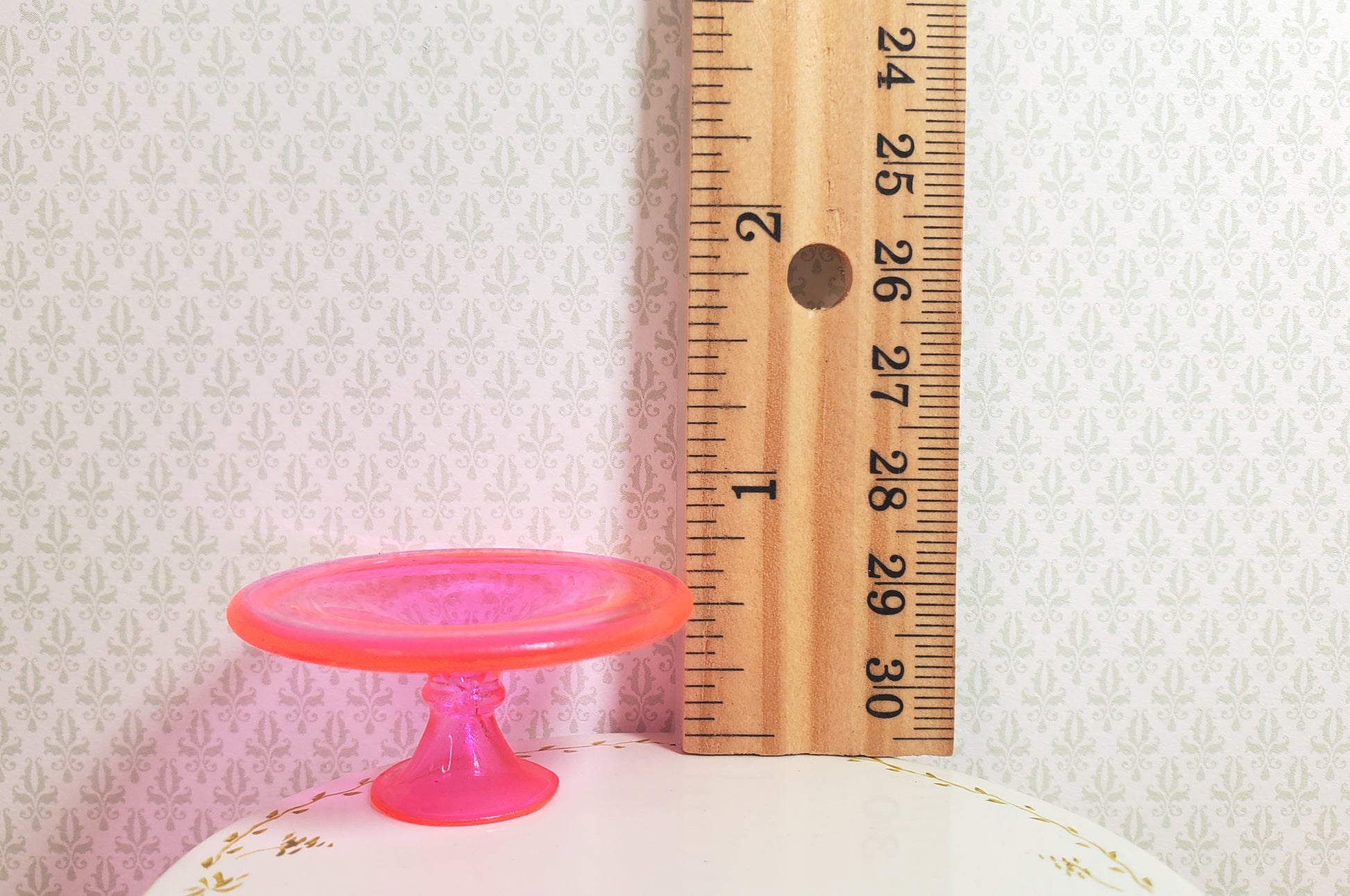Dollhouse Pink Glass Cake Stand on Pedestal 1:12 Scale Miniature Kitchen