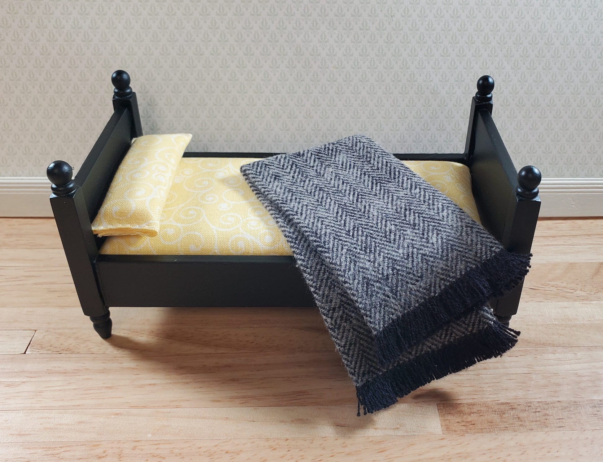 Dollhouse Fringed Blanket Throw Black & White Herringbone Fabric
