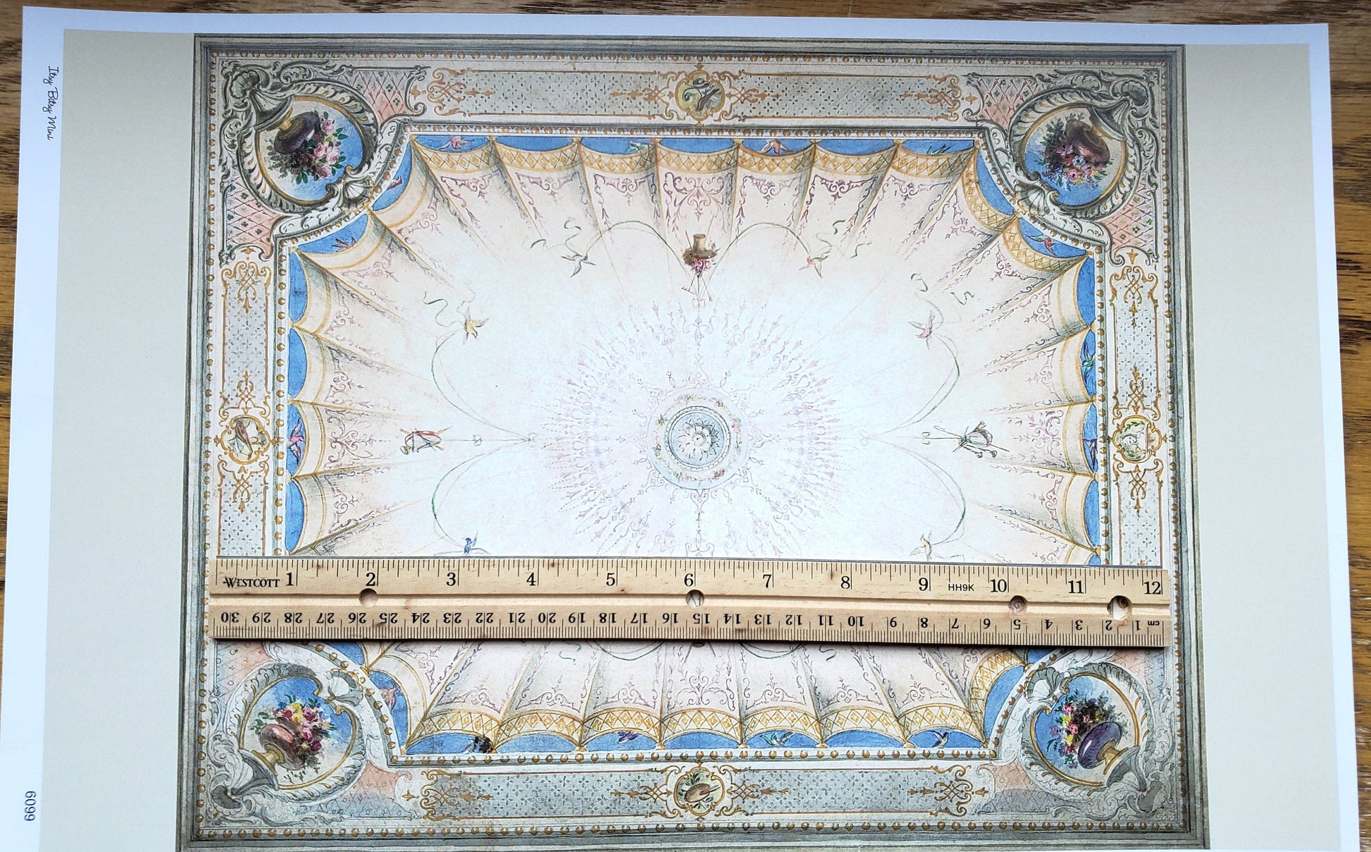 Dollhouse Ceiling Mural Wallpaper Painted Style Cream Blue Floral 1:12 Scale Itsy Bitsy