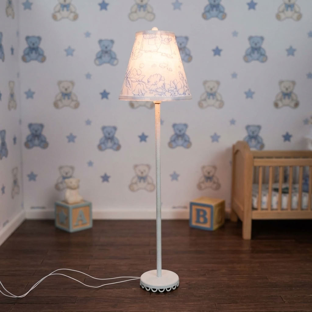 Dollhouse Nursery Floor Lamp Blue Shade White Base 12 Volt Wired 1:12
