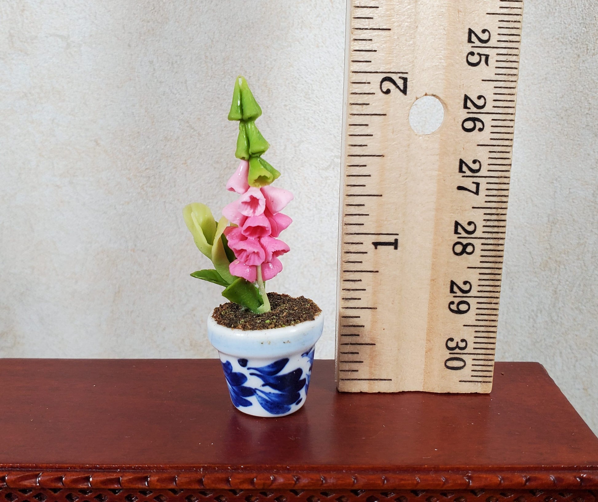 Dollhouse Potted Pink Bell Flowers 1:12 Scale Miniature Blue White Ceramic Pot