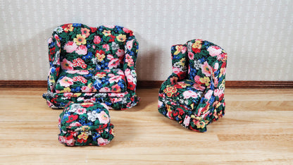Dollhouse Small Sofa Chair Ottoman Colorful Floral 1:12 Scale Miniature Furniture