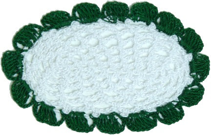 Dollhouse Hand Crocheted Oval Doily White with Green Trim 1:12 Scale Miniature