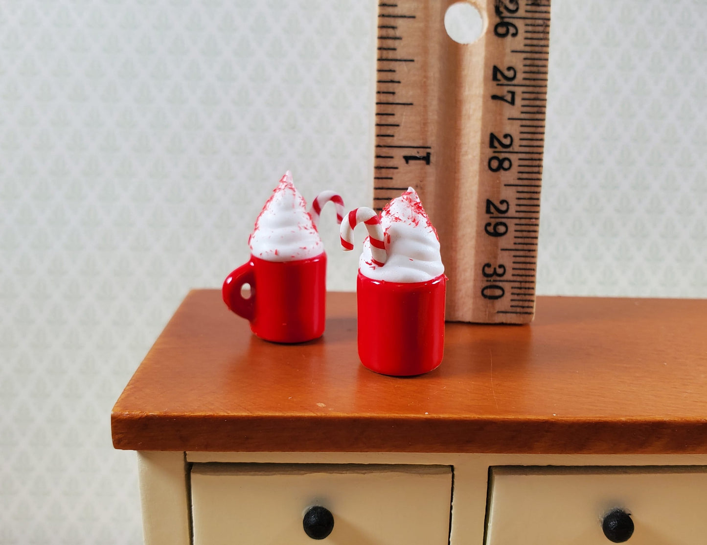 Dollhouse x2 Hot Cocoa Mugs with Candy Cane and Whip Cream LARGE Miniature