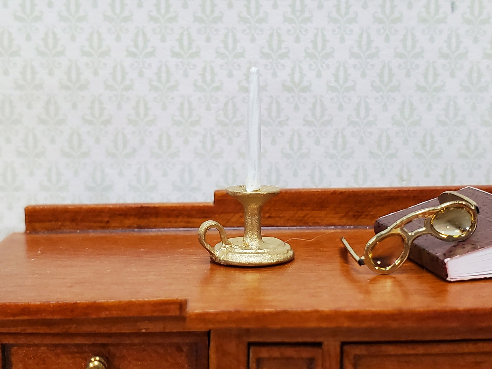 Dollhouse Chamber Candle Holder with Candle Gold 1:12 Scale Miniature Metal