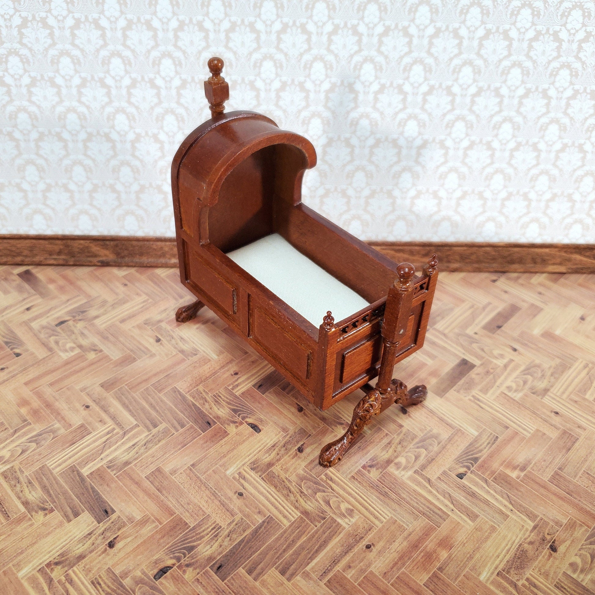 JBM Miniature Hooded Cradle Rocking 15th Century Style 1:12 Scale Furniture Walnut Finish