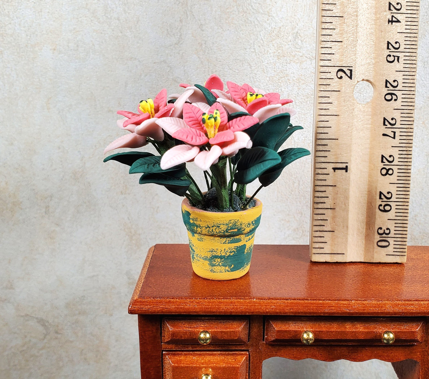 Dollhouse Large Pink Poinsettias in Yellow and Green Pot 1:12 Scale Miniature