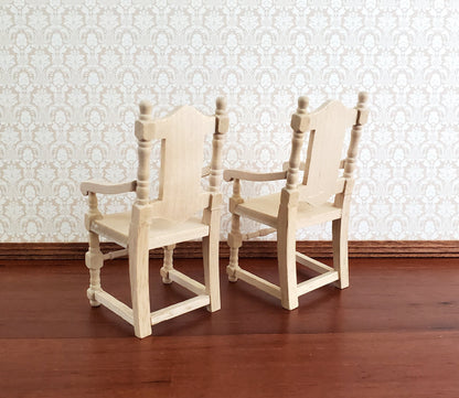 Dollhouse Miniature Arm Chairs Dining Room Set of 2 Unpainted Wood 1:12 Scale