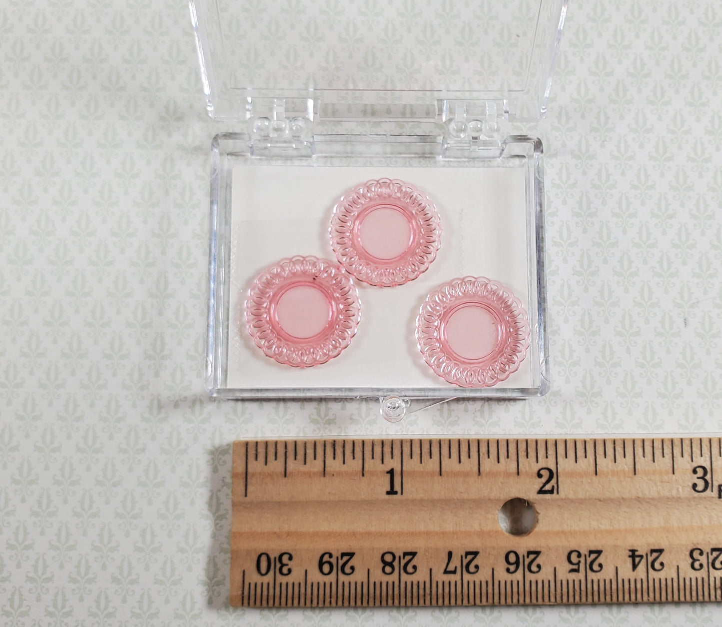 Dollhouse Plates Pink x3 Translucent Chrysnbon Lace Edge Plastic 1:12 Scale