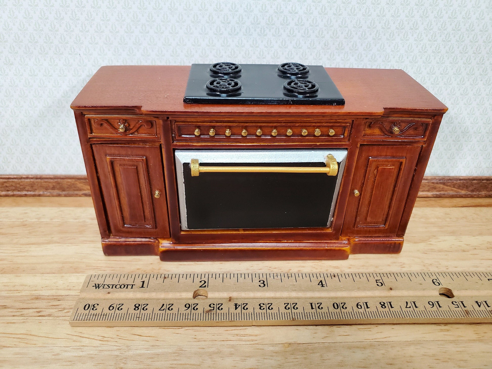 Dollhouse Stove Oven Cabinet Walnut Finish 1:12 Scale Miniature Kitchen Cupboard