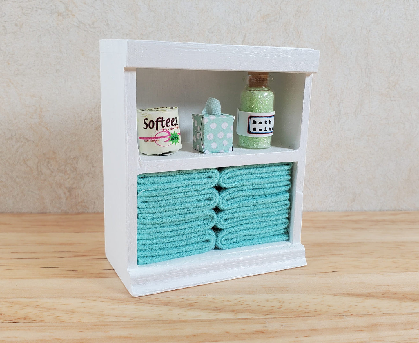 Dollhouse Bathroom Shelf with Teal Towels & Accessories 1:12 Scale Handmade