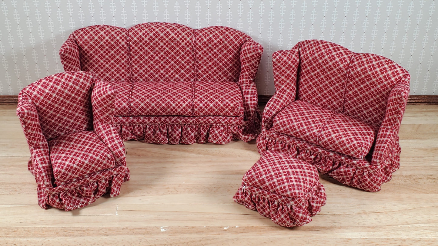 Dollhouse Living Room Set 4 pc Dark Red & Beige Plaid 1:12 Scale Miniature Furniture