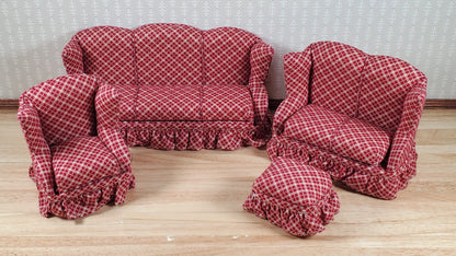 Dollhouse Living Room Set 4 pc Dark Red & Beige Plaid 1:12 Scale Miniature Furniture