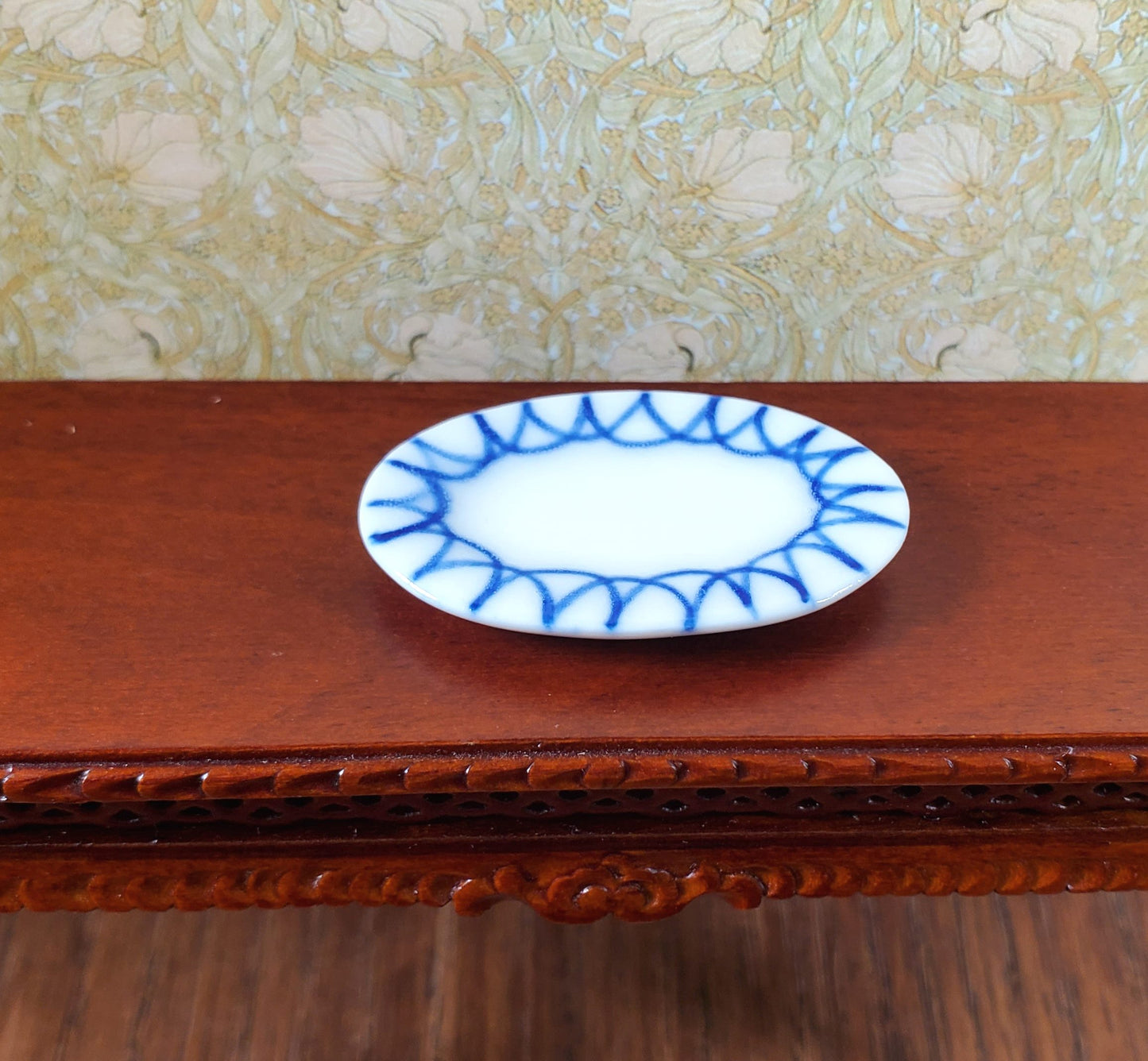 Dollhouse Large White Ceramic Platter with Blue Trim1:12 Scale Miniature