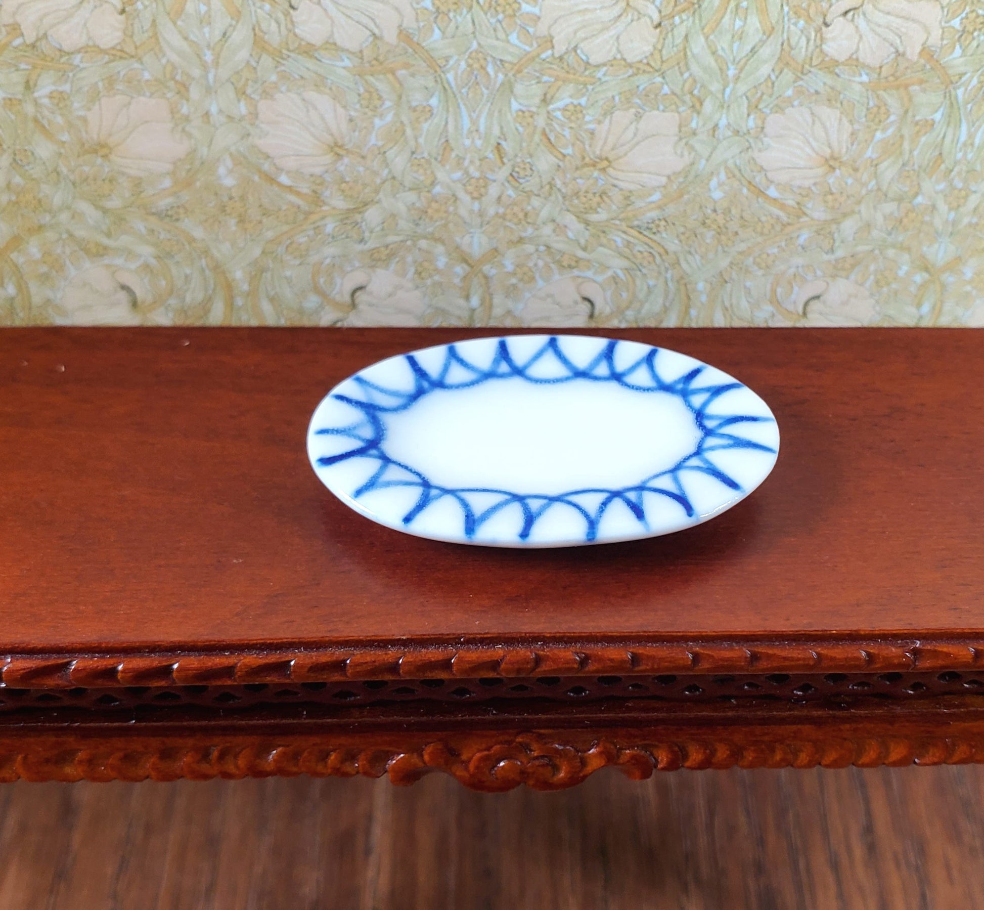 Dollhouse Large White Ceramic Platter with Blue Trim1:12 Scale Miniature