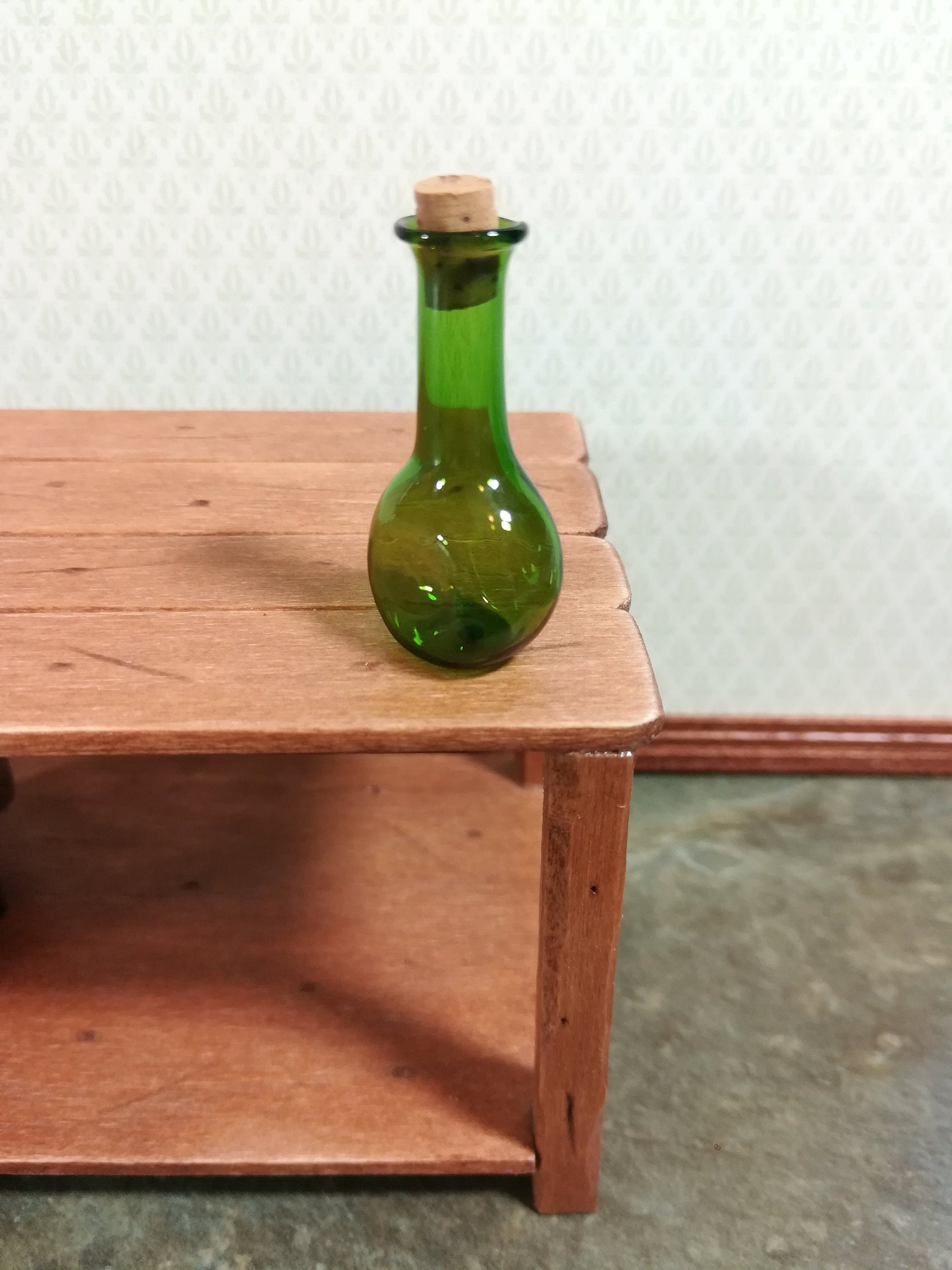 Dollhouse Miniature Glass Bottle Wine Decanter Large Green Corked 1:12 Scale