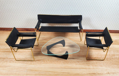Modern Wassily Style Living Room Set Sofa 2 Chairs Coffee Table Black Leather by Warren Richardson