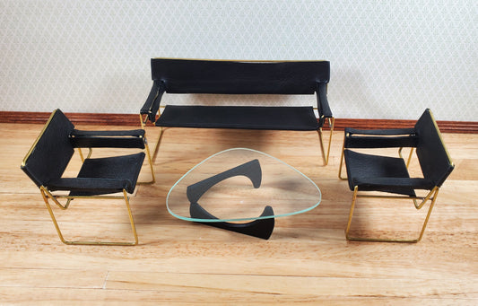 Modern Wassily Style Living Room Set Sofa 2 Chairs Coffee Table Black Leather by Warren Richardson