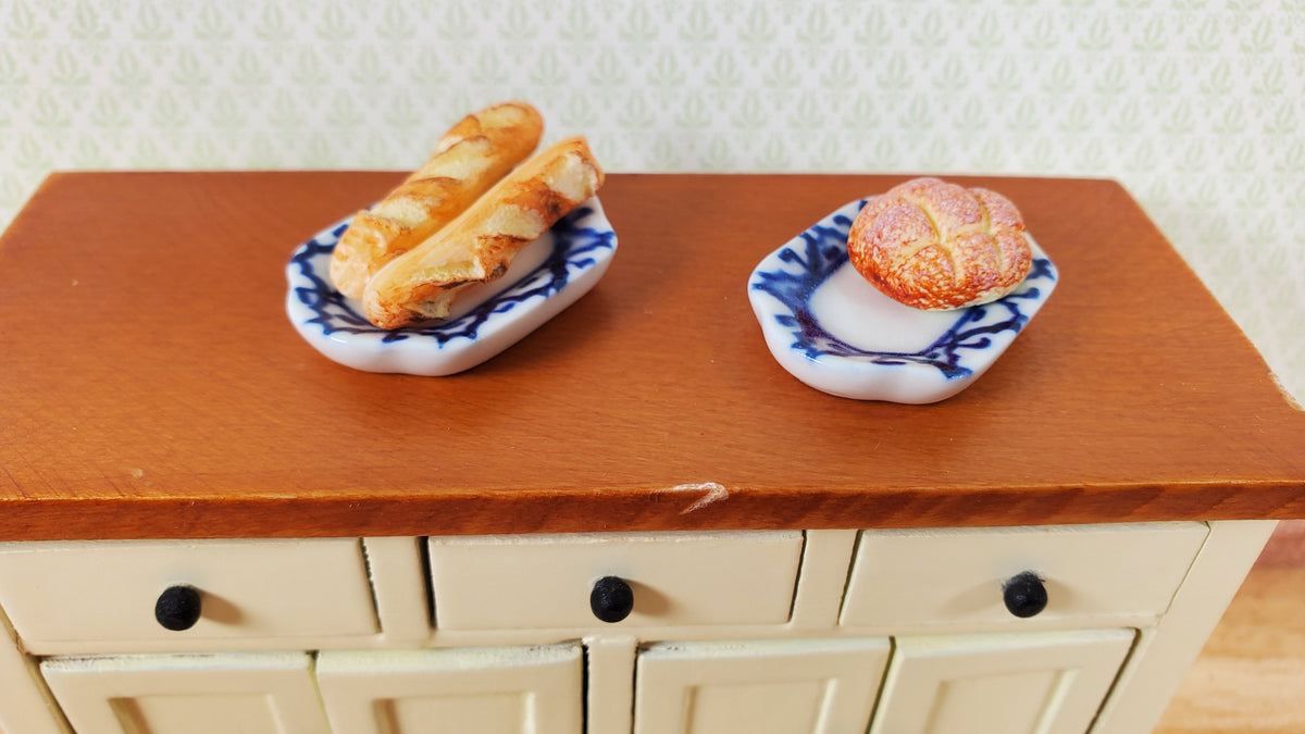 Dollhouse Small White & Blue Ceramic Platter 1:12 Scale Miniature Set of 2