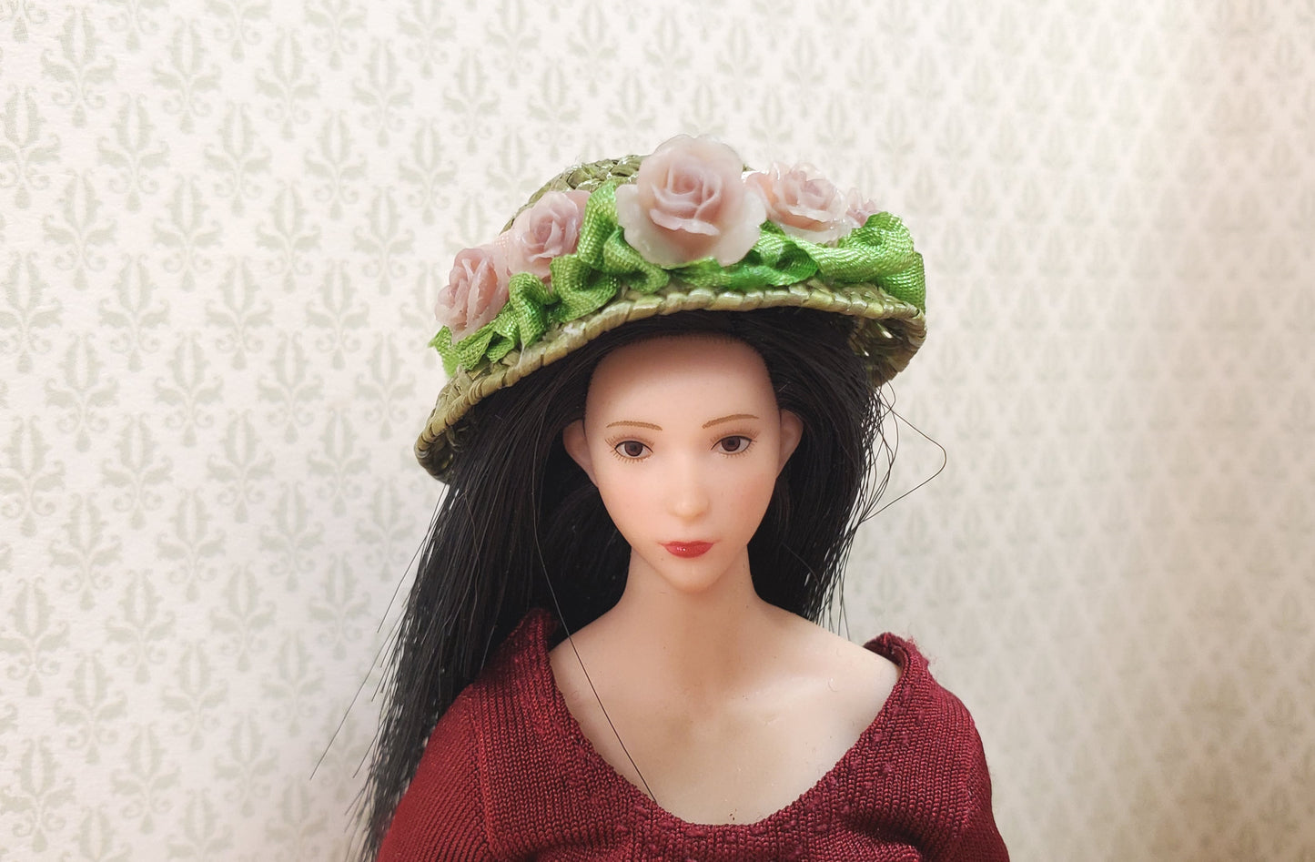 Dollhouse Victorian Hat Green with Pink Roses Handmade 1:12 Scale Miniature