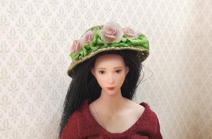 Dollhouse Victorian Hat Green with Pink Roses Handmade 1:12 Scale Miniature