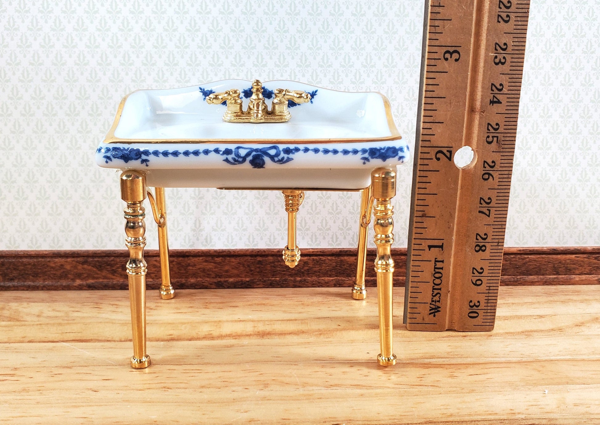 Dollhouse Sink Bathroom Small White and Blue Reutter Porcelain Miniature