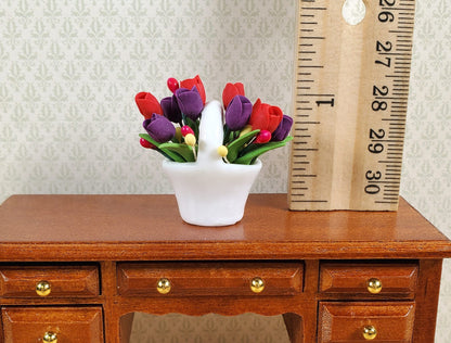 Dollhouse Red & Purple Tulips in a Ceramic Basket 1:12 Scale Miniature