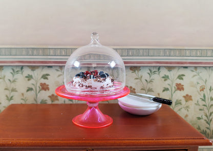 Dollhouse Bright Pink Glass Cake Stand 1:12 Scale Miniature Kitchen Decor Bakery