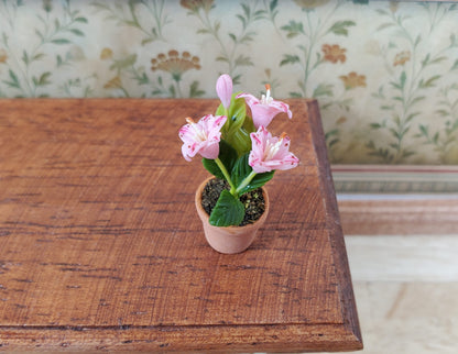 Dollhouse Lilies Pink in a Terra Cotta Planter 1:12 Scale Miniature Lily Flowers