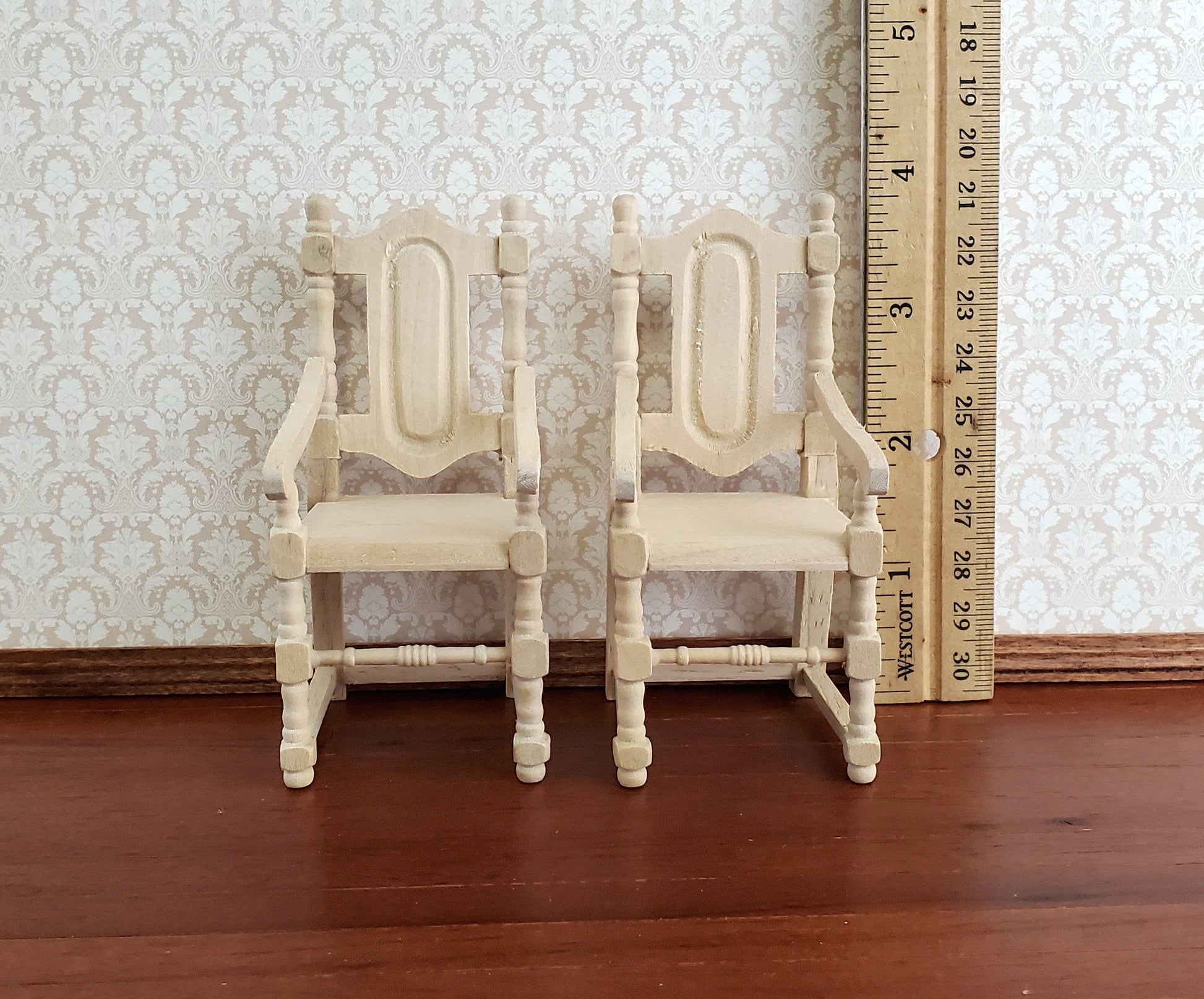 Dollhouse Miniature Arm Chairs Dining Room Set of 2 Unpainted Wood 1:12 Scale