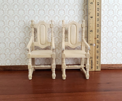 Dollhouse Miniature Arm Chairs Dining Room Set of 2 Unpainted Wood 1:12 Scale