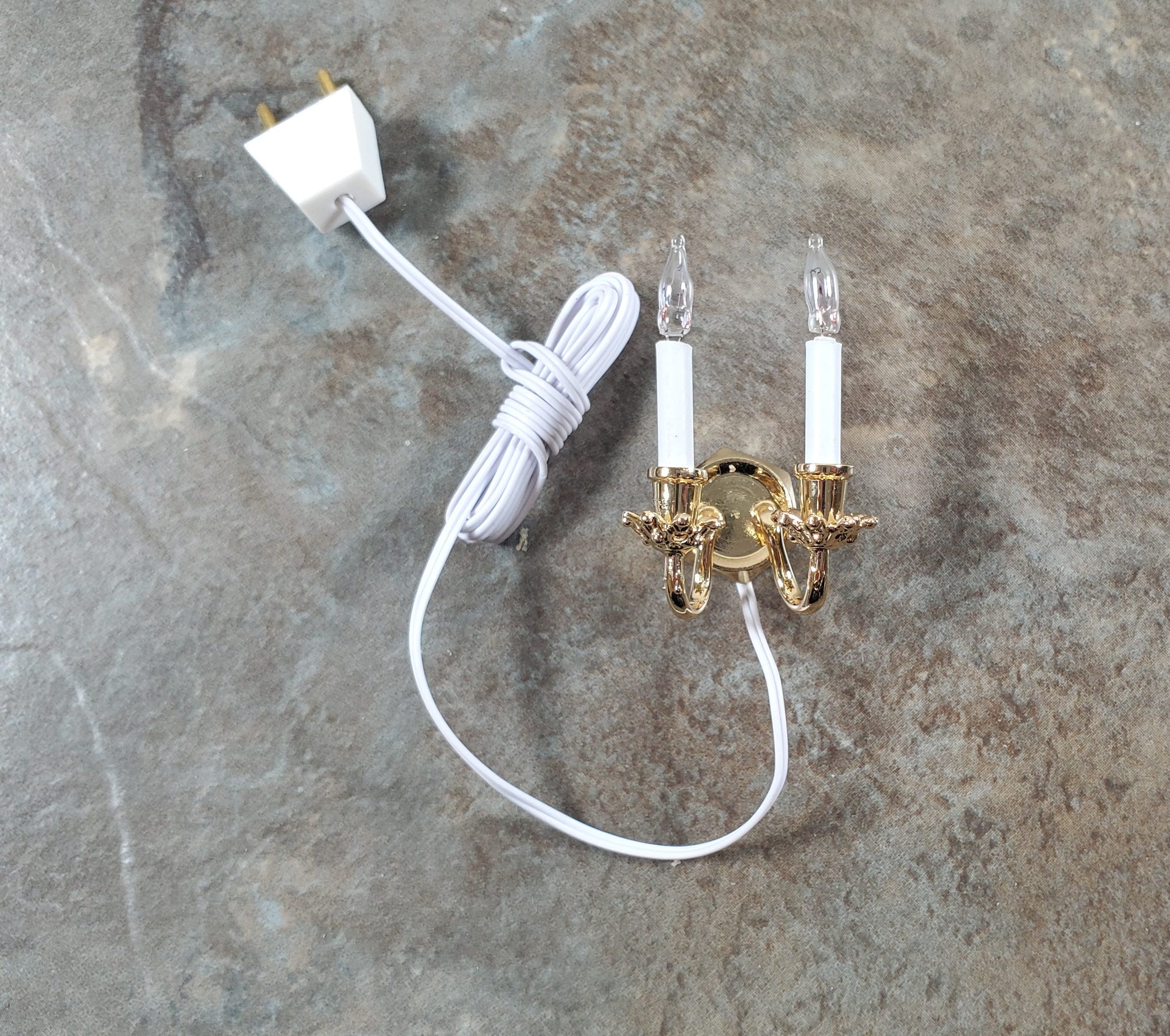 Dollhouse Double Candle Wall Sconce Gold 12 Volt with Plug 1:12 Wall Light